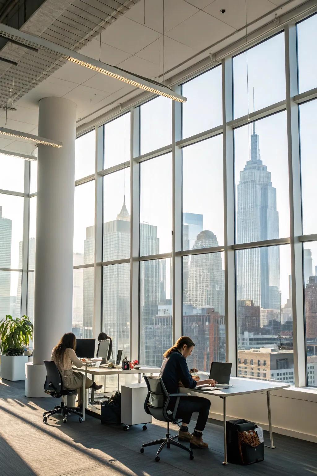 A bright, natural-lit office promoting a lively and productive atmosphere.