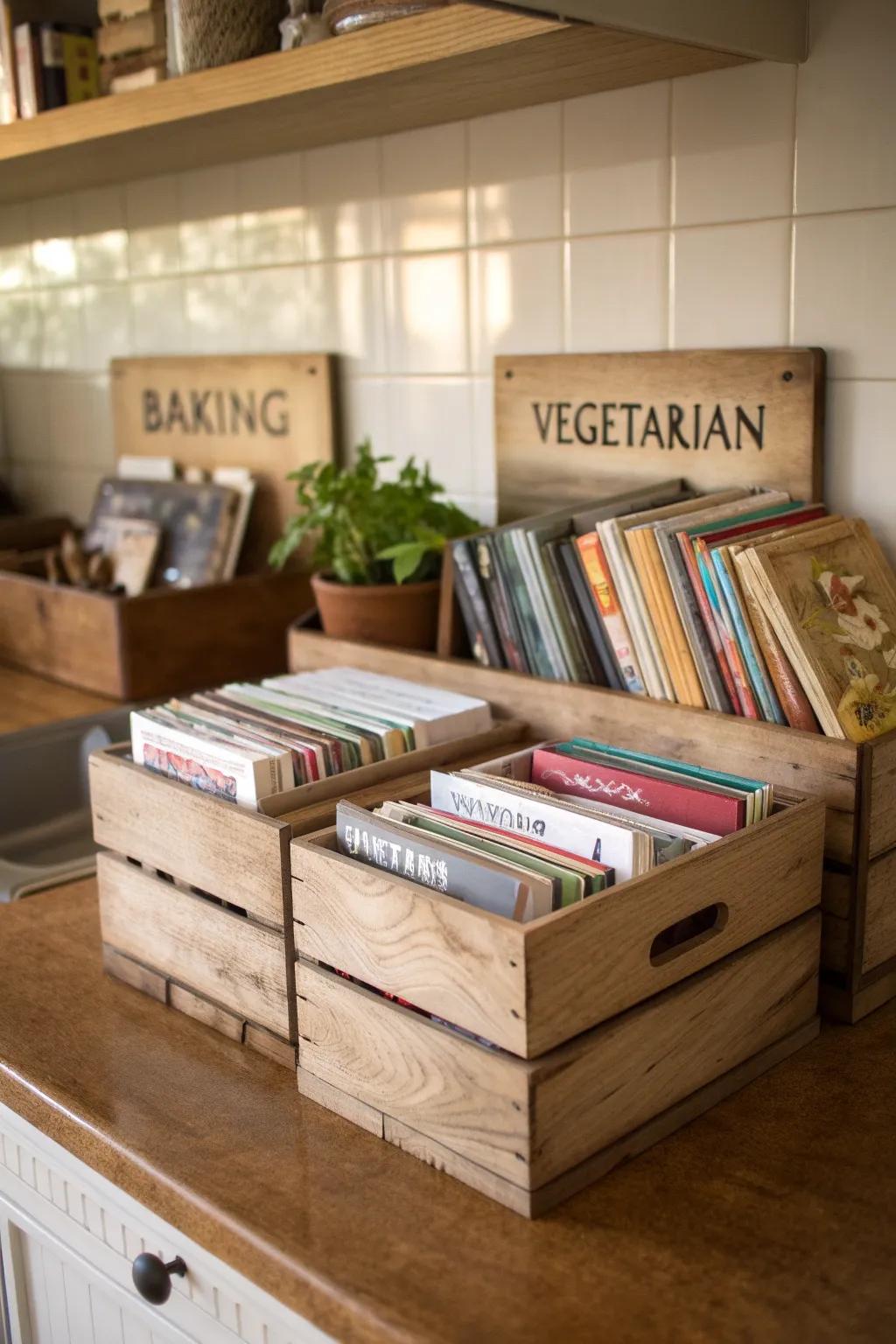 Wooden boxes present a fashionable and rustic means of storing cookbooks.