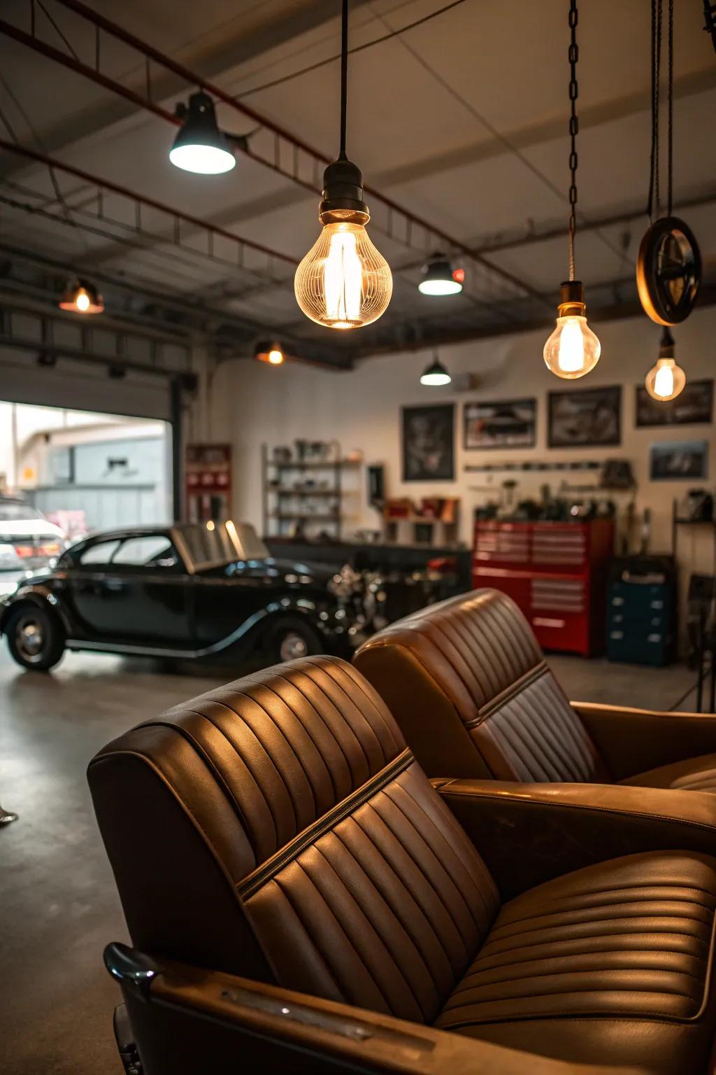 A luxury lounge area within the garage offers comfort and style.