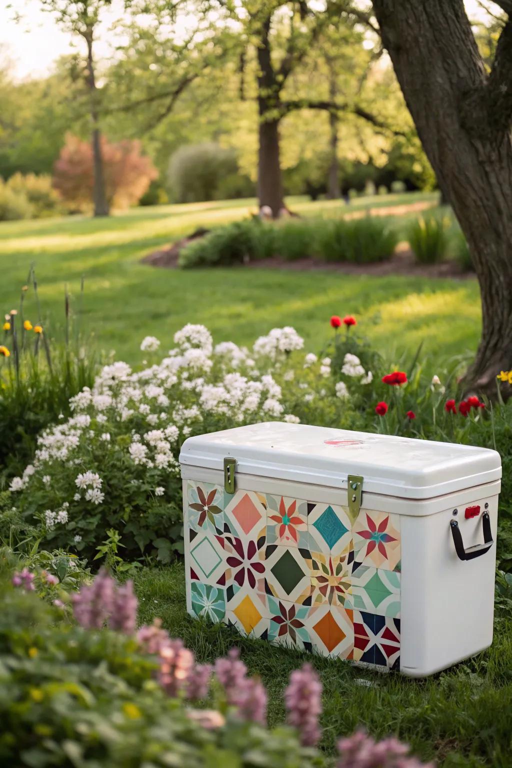 A cooler decorated with playful geometric patterns.