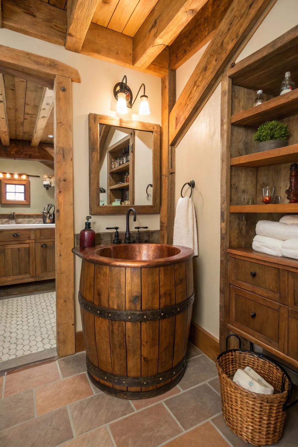 This bathroom smoothly combines country charm with modern style using a bronze drum basin.