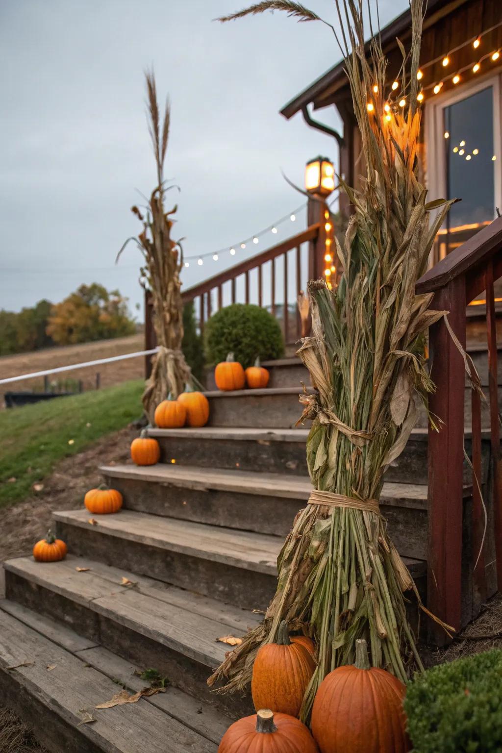 Country-style arrangements of dried corn stalks introduce texture and height into your styling.