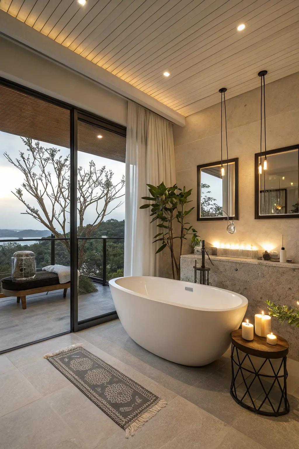 A corner bathtub gives a luxurious sense in small spaces.