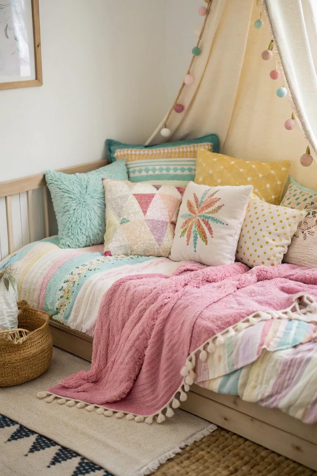 Convert your corner bed into a peaceful retreat with soft cushions and blankets.