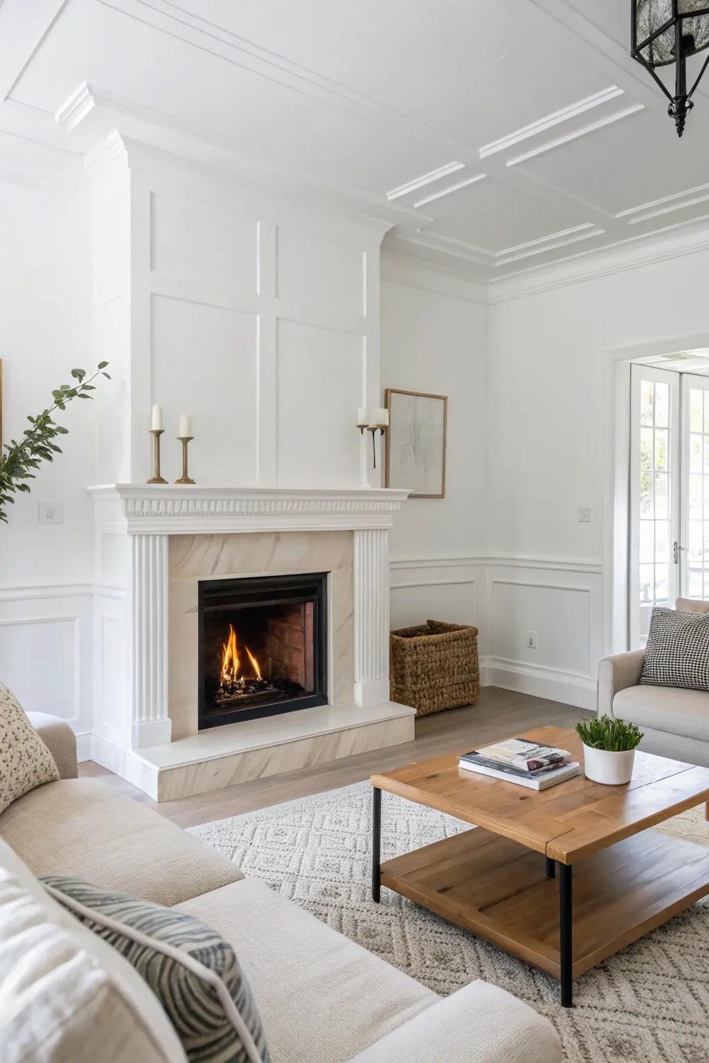 A minimalist white corner fireplace in a modern living area.