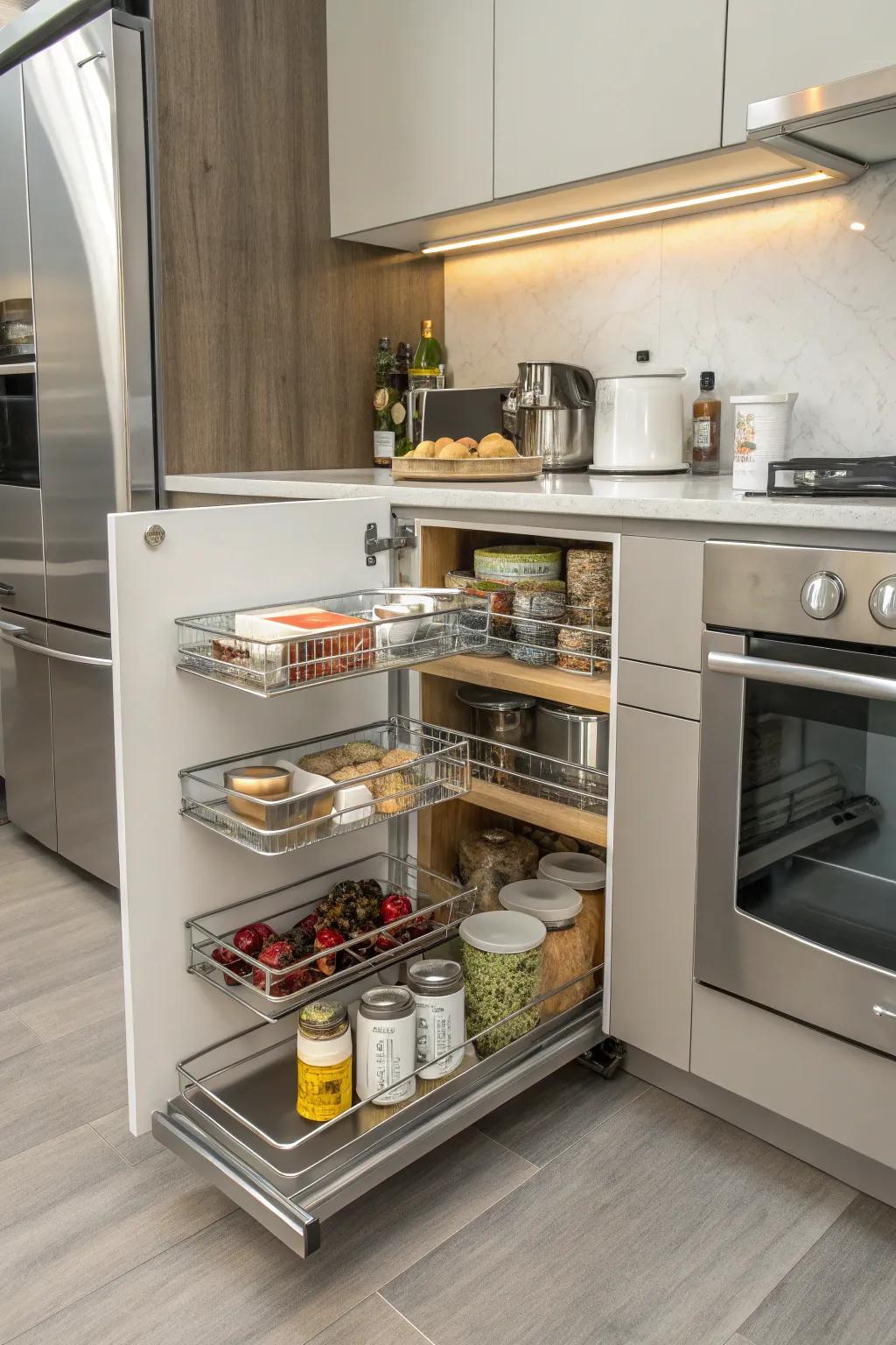 Swinging pull-outs present a sophisticated solution for corner storage.