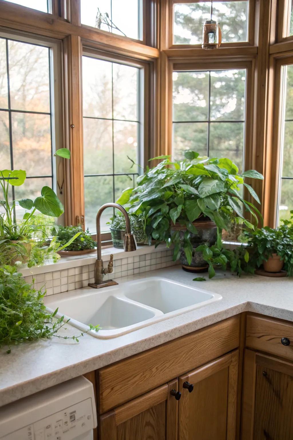 A corner sink set under large windows, letting in natural light to brighten the area.