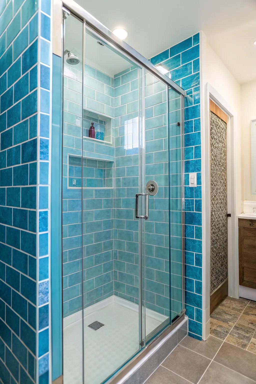 Dynamic azure tiles evoke an invigorating coastal sensation in your shower.