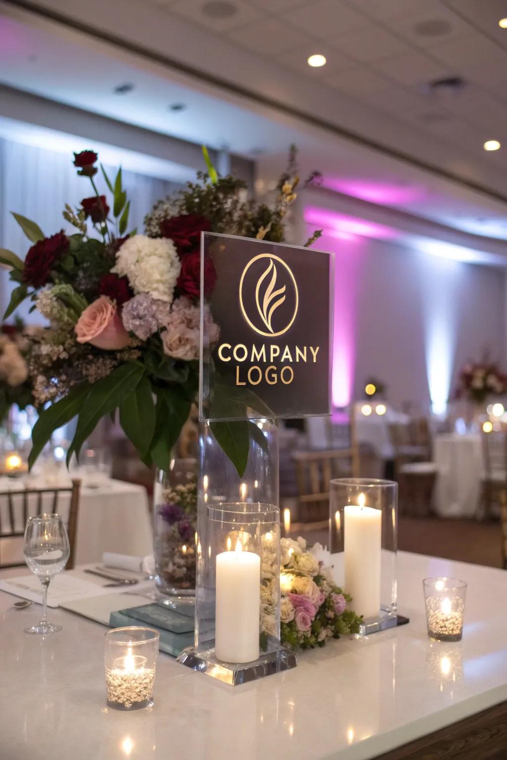 Corporate centerpiece enhanced with a bespoke element displaying the company emblem.