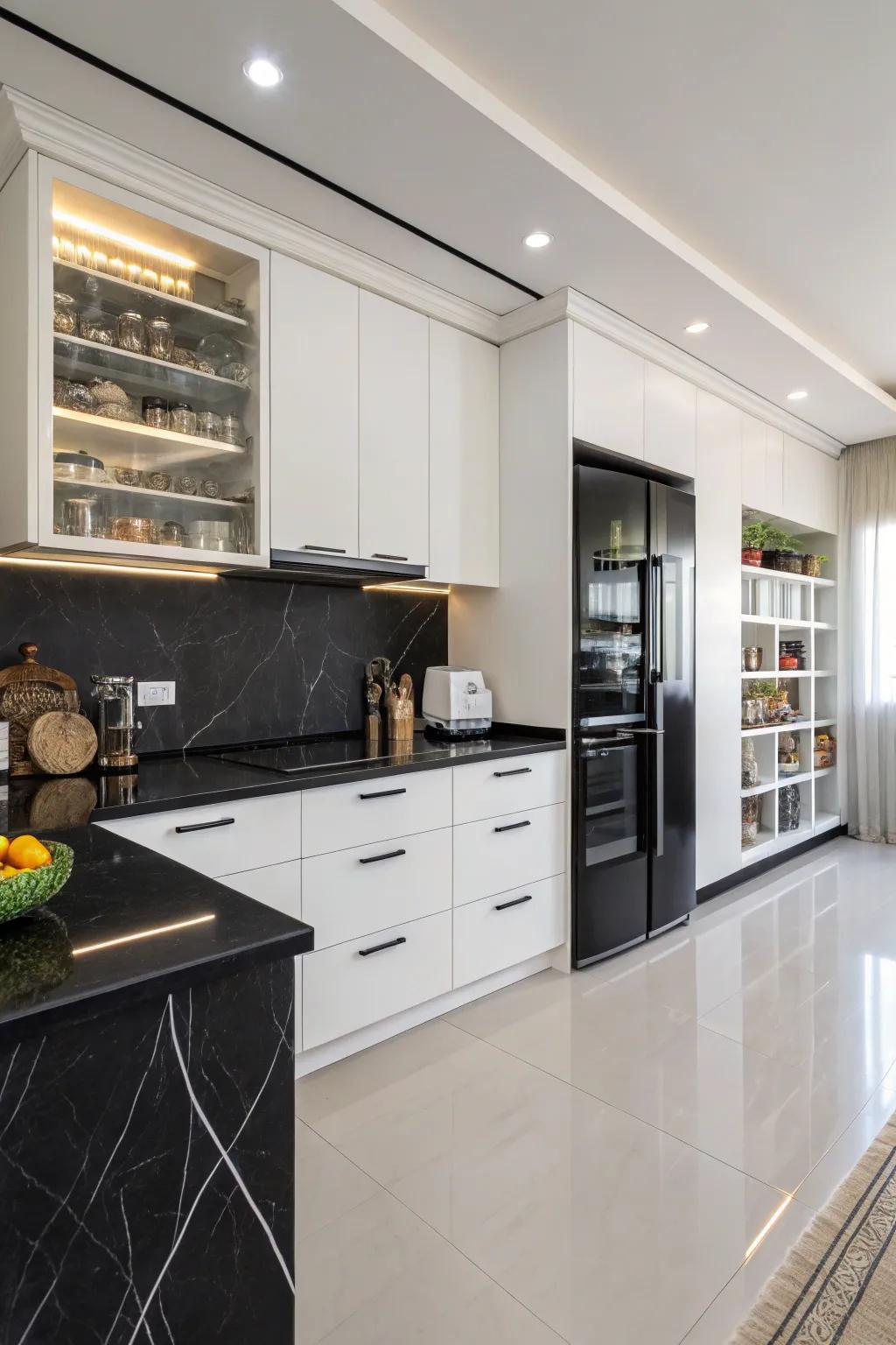 Striking black countertops paired with contrasting white end caps for a captivating look.