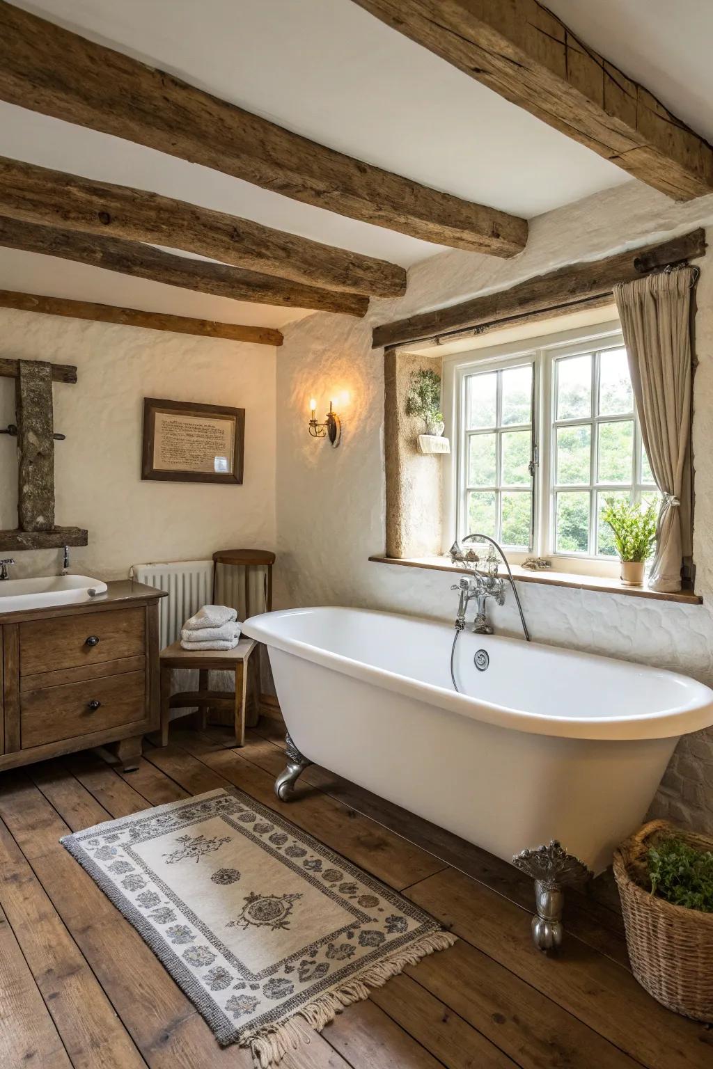 A standalone claw-foot bathtub perfectly complements this rustic bathroom ambience.