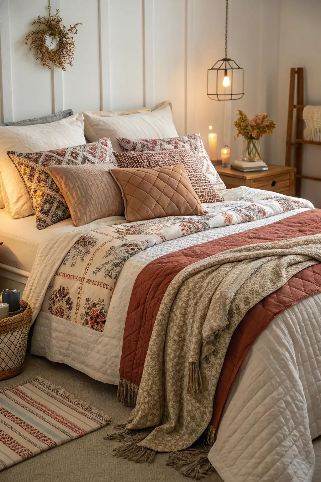 A bed elegantly layered with quilts and pillows for a cozy appearance.