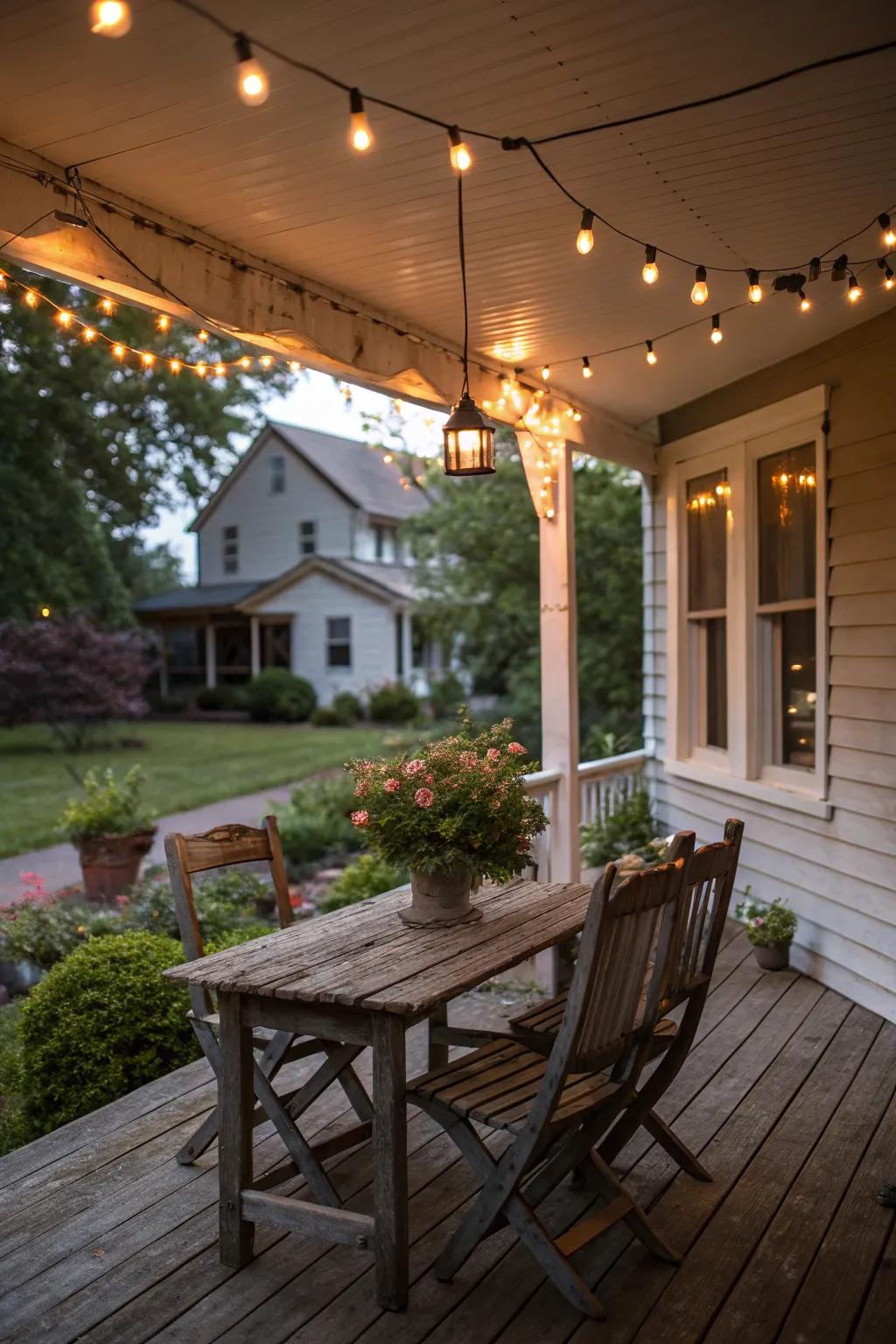 Fairy lights create coziness and magic for your country porch nights.