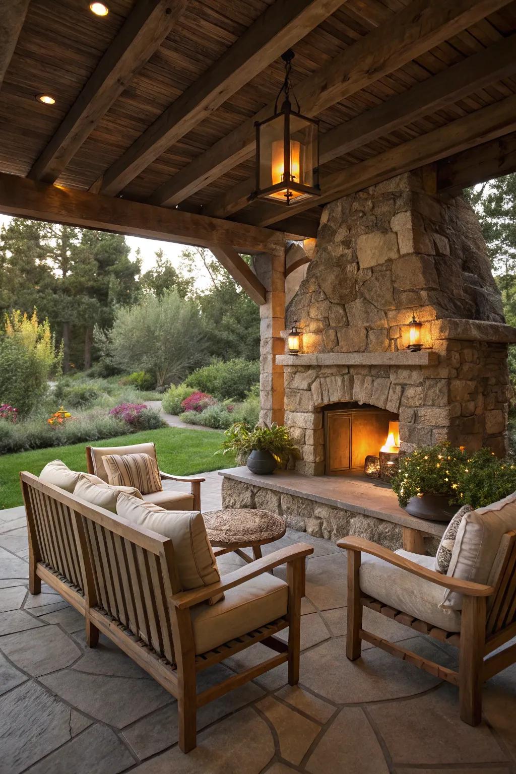 A stone fireplace encourages warmth and discussions.