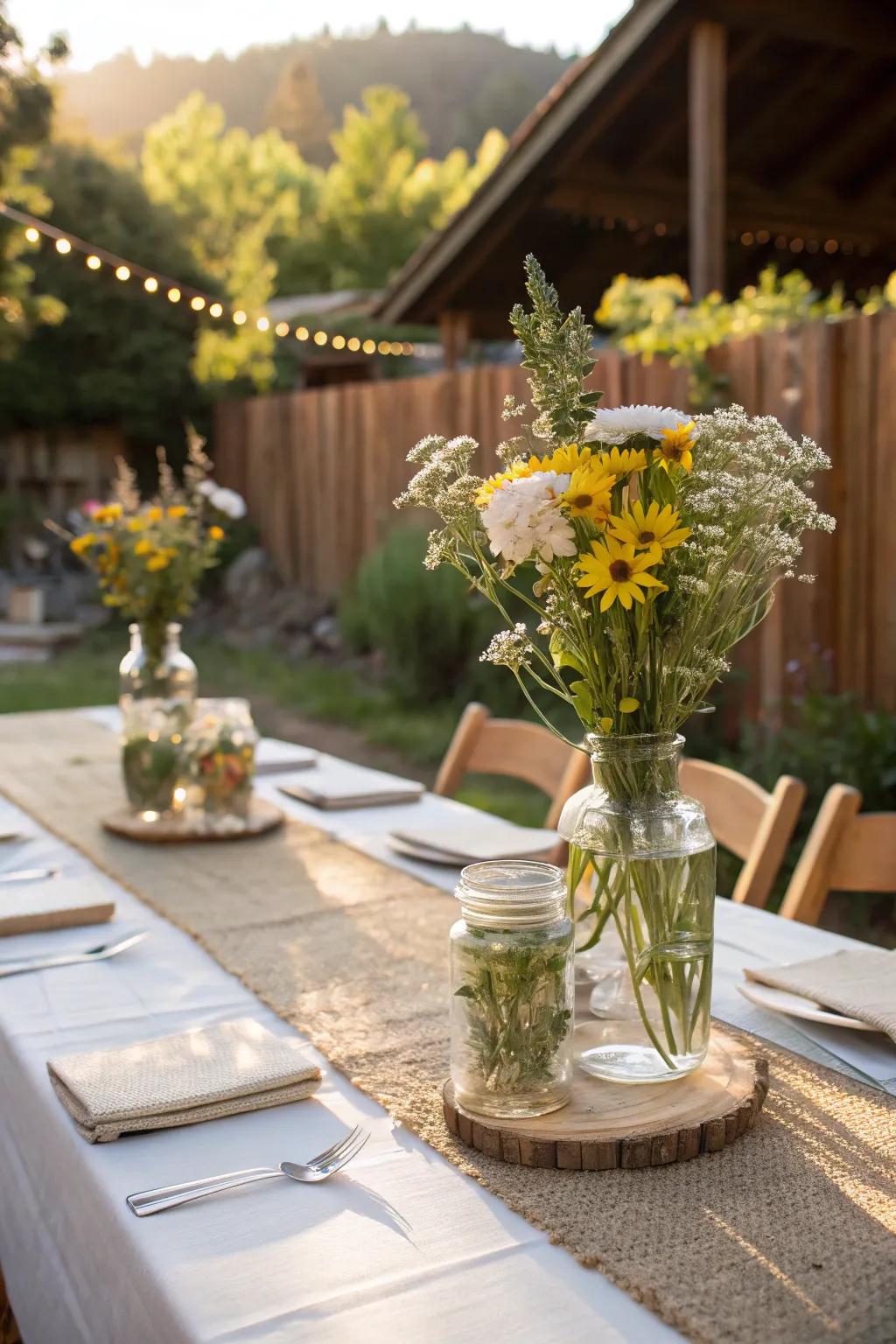 Wildflower compositions lend rustic charm to a country wedding.