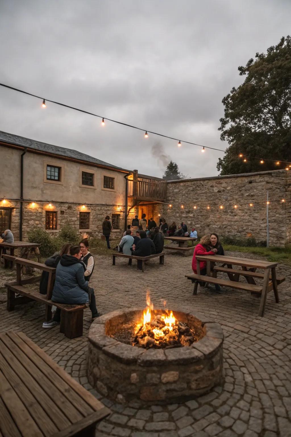 A brazier serves as a warm and welcoming focal point in the courtyard.