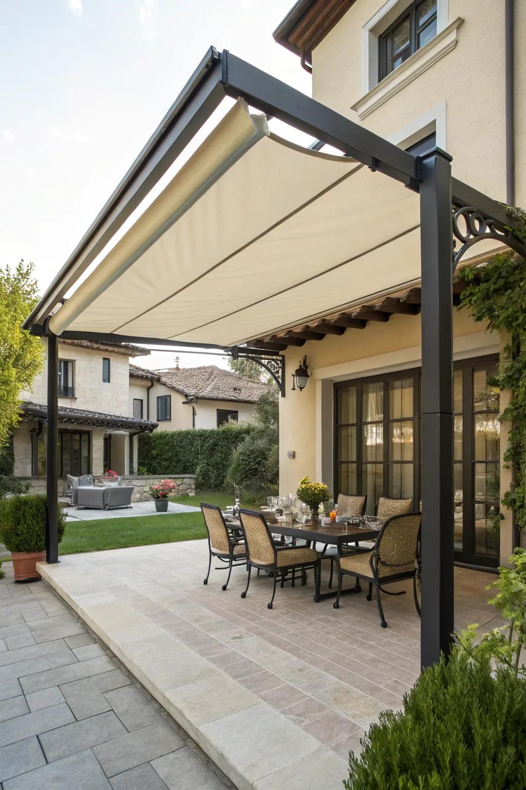 A retractable canopy provides adjustable shade over a charming dining space.