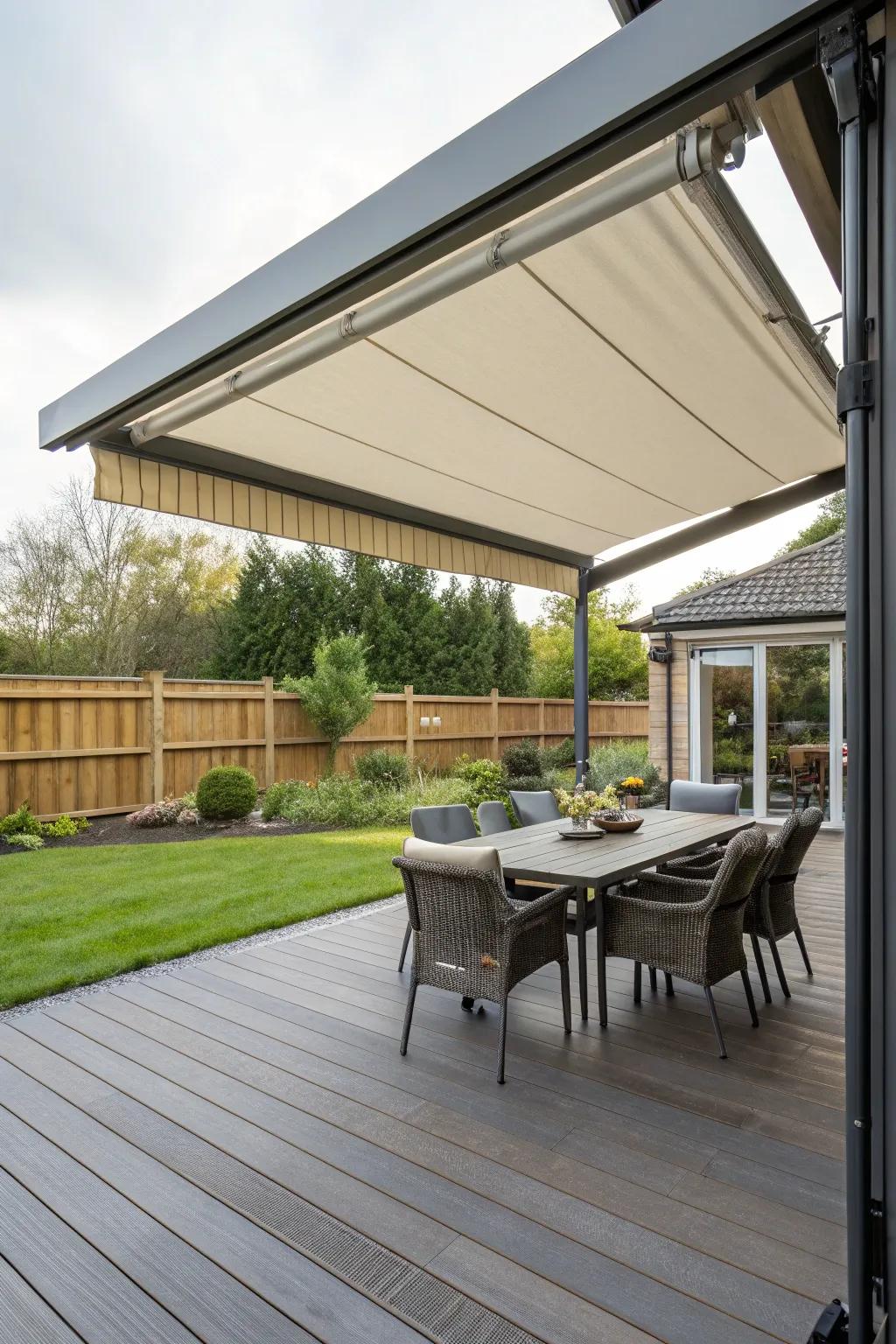 Retractable awnings deliver adaptable shade and improve your outdoor dining experience.