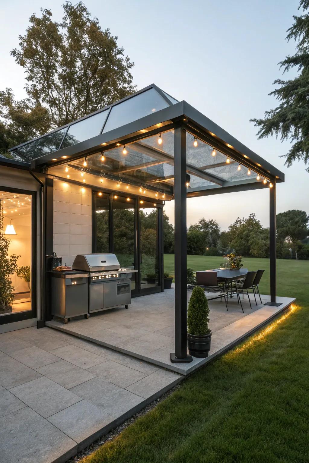 A modern gazebo featuring built-in LED lights illuminating the grilling station.