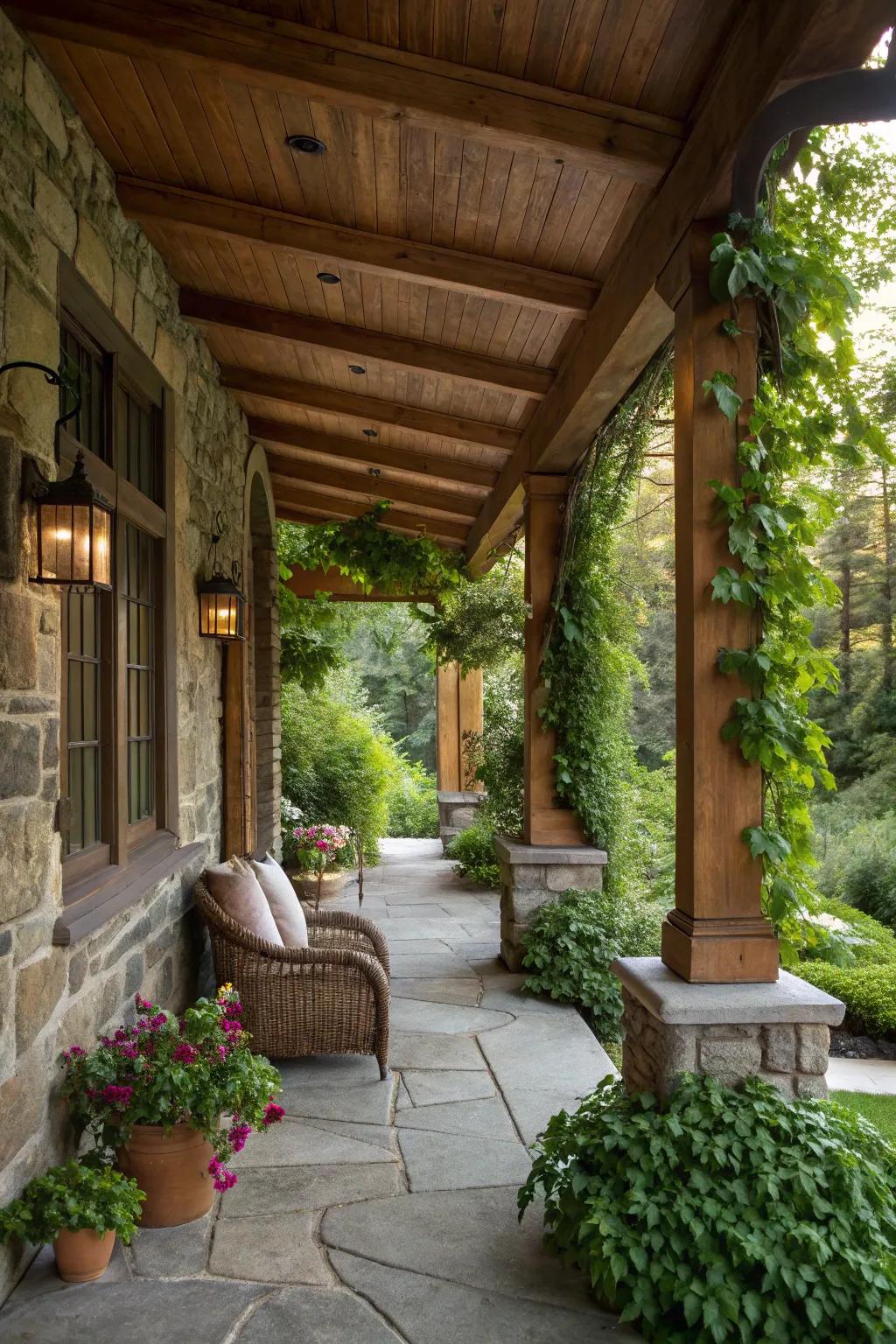 Organic elements add warmth and balance to your porch.