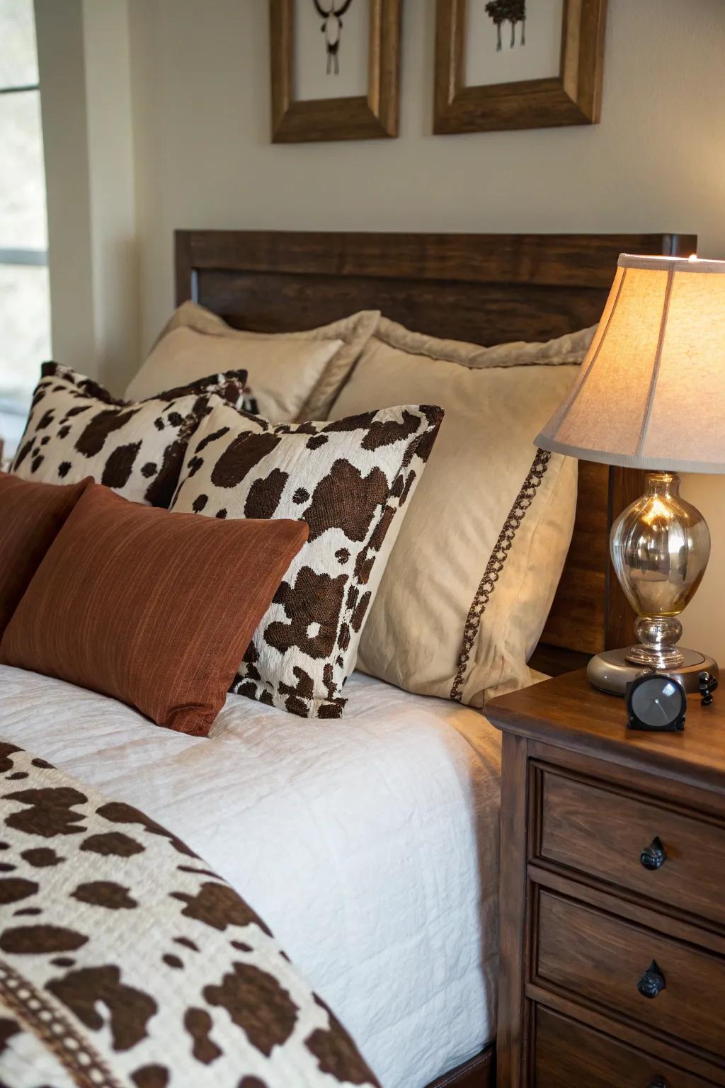 Farm animal pattern pillows provide an elegant accent to any bedroom setting.