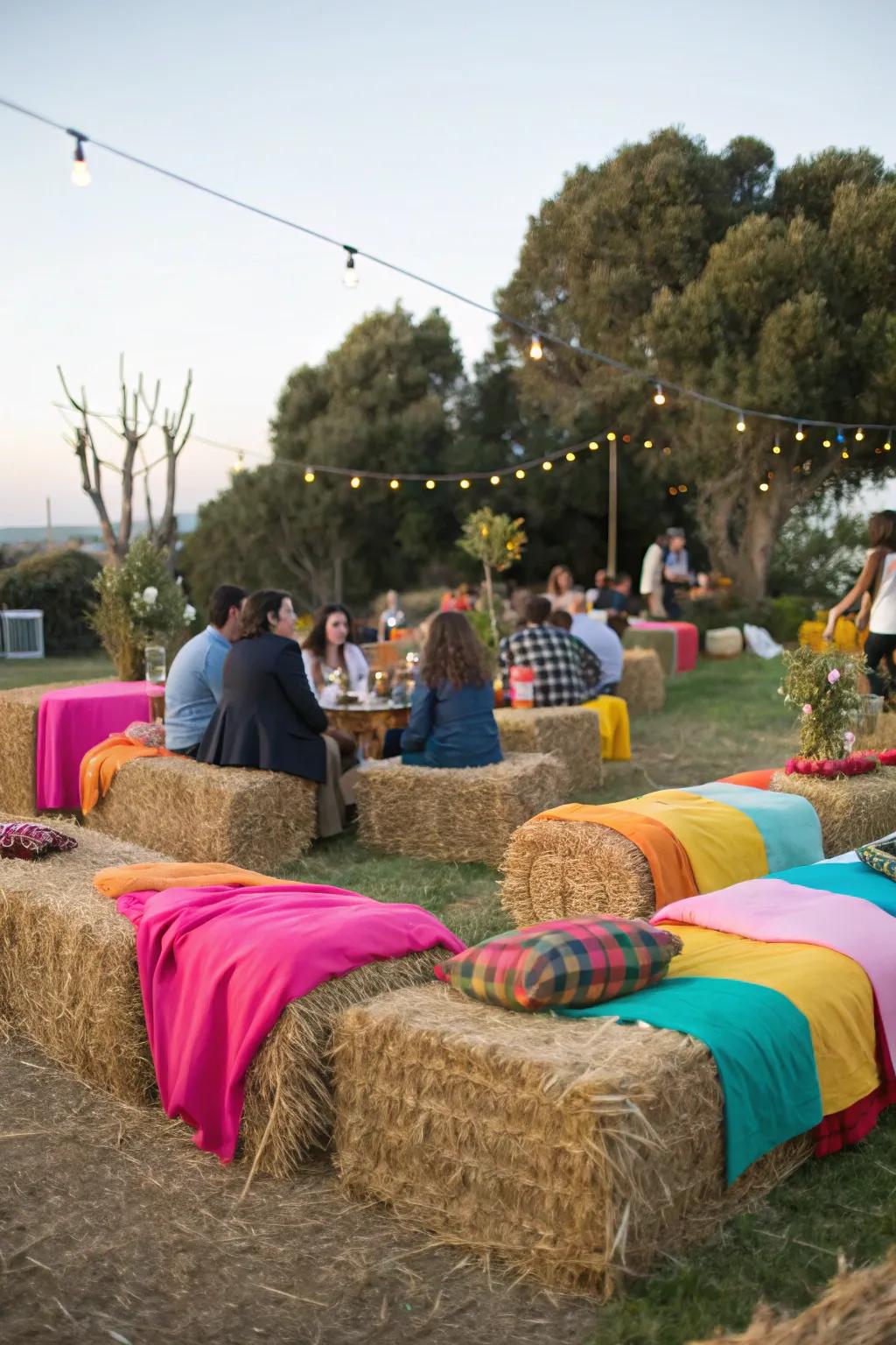Forage blocks deliver countryside seating enhanced with a burst of color for a relaxed social event.