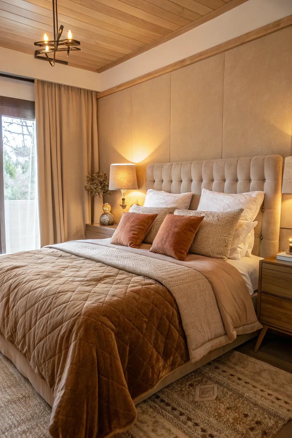 A snug bedroom featuring inviting toffee bedding and gentle ambient lighting.