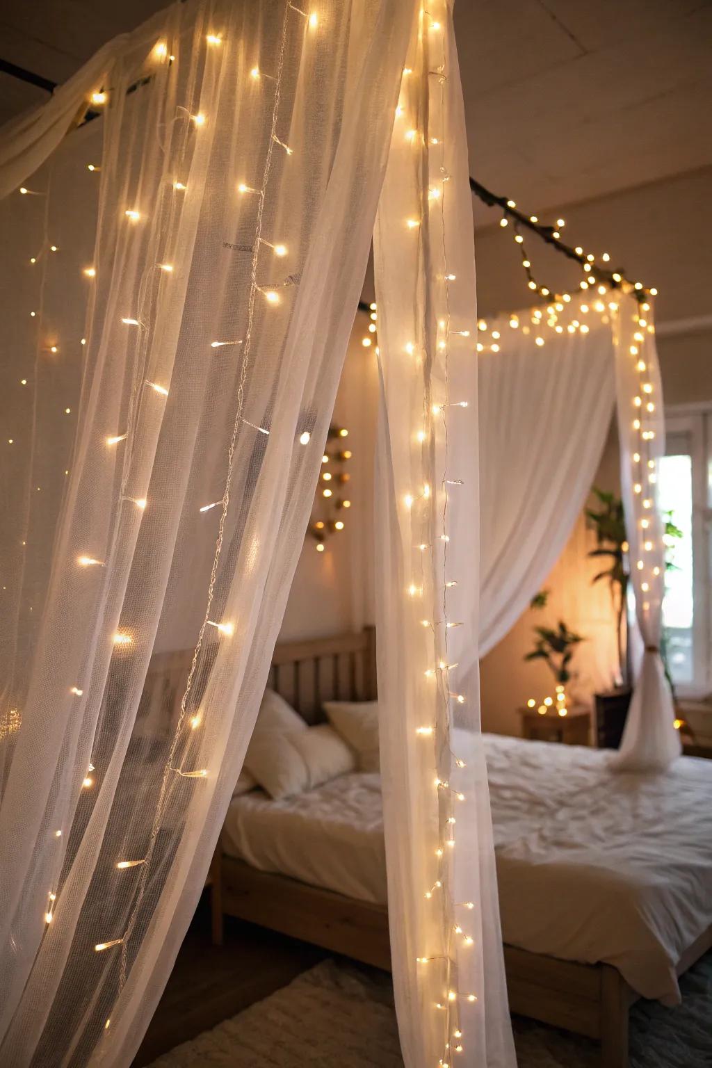 Twinkle lights interwoven alongside see-through textiles within a bedroom.