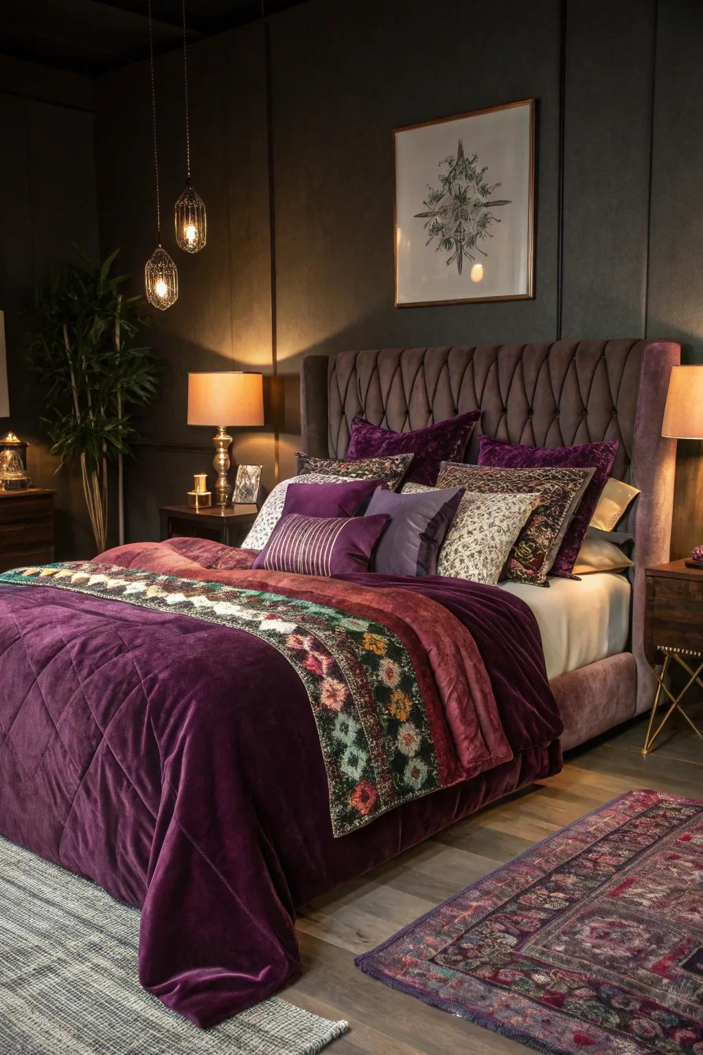 Sumptuous bedding featuring layers of velvet and silk enhances the cozy atmosphere.