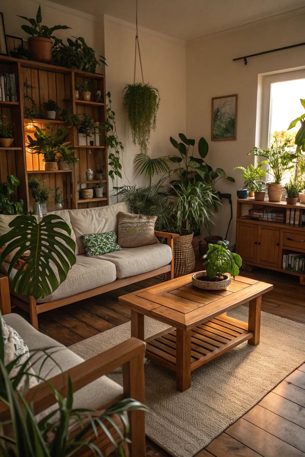 Natural elements like indoor plants and wooden furniture add warmth and freshness to a room.