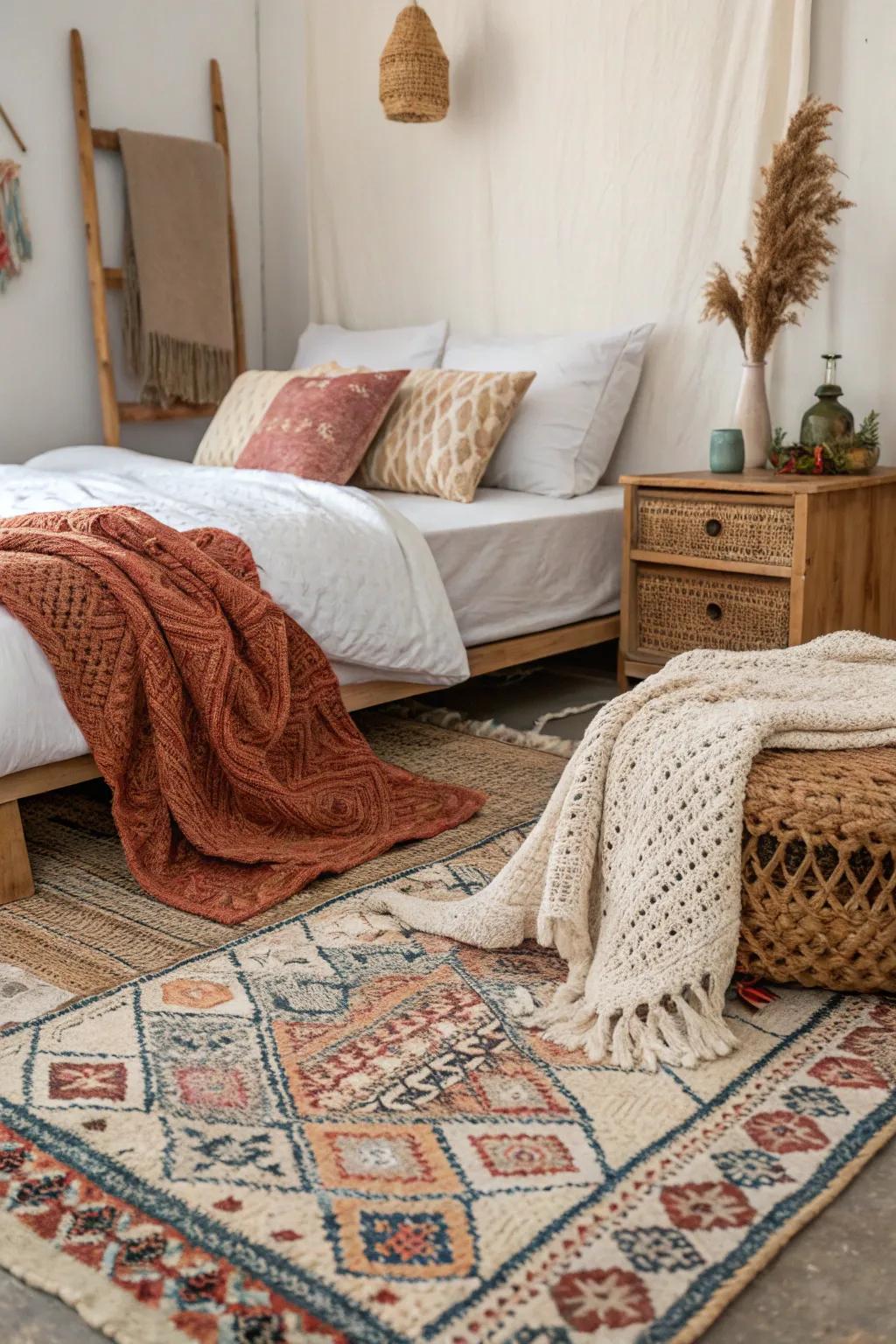 Varied cloths add warmth and richness to small bedroom spaces.