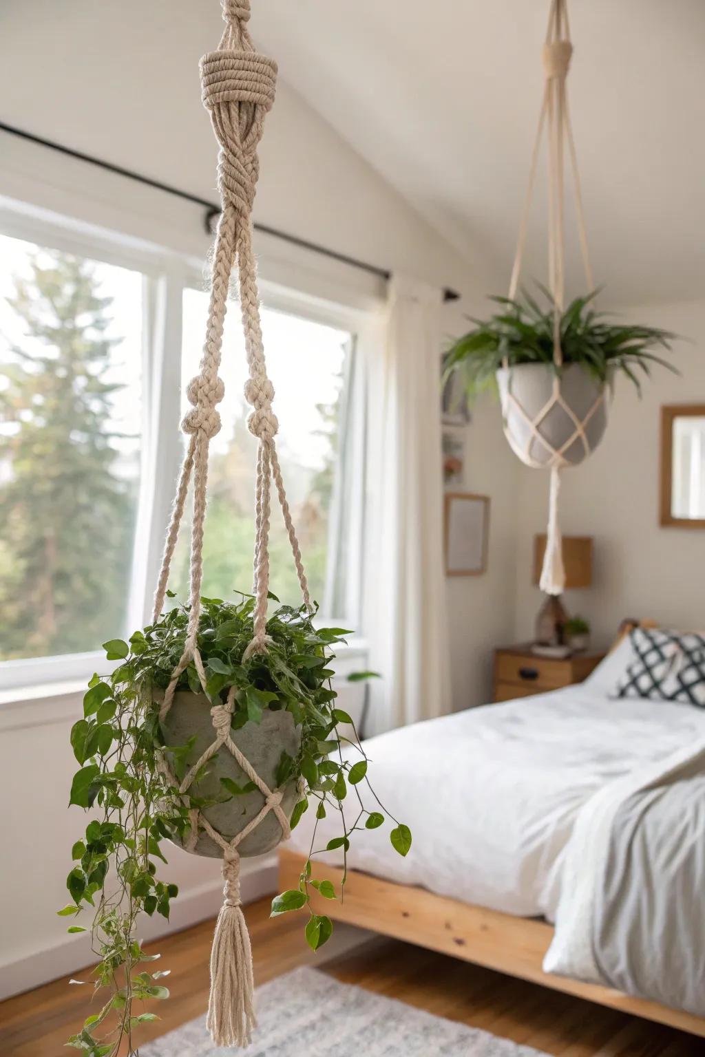 Hanging plants introduce a playful and space-efficient element to your bedroom styling.