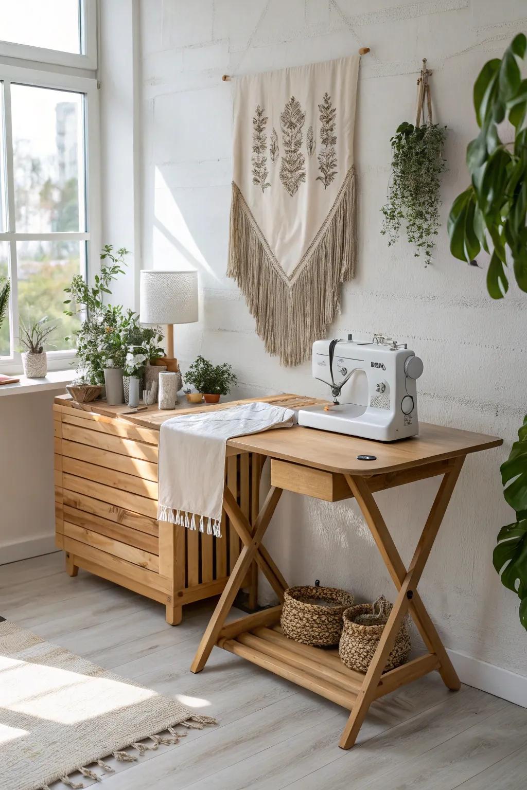 Appreciate flexibility with a stylish foldable table, ideal for easy creativity in a minimalist-boho craft area.