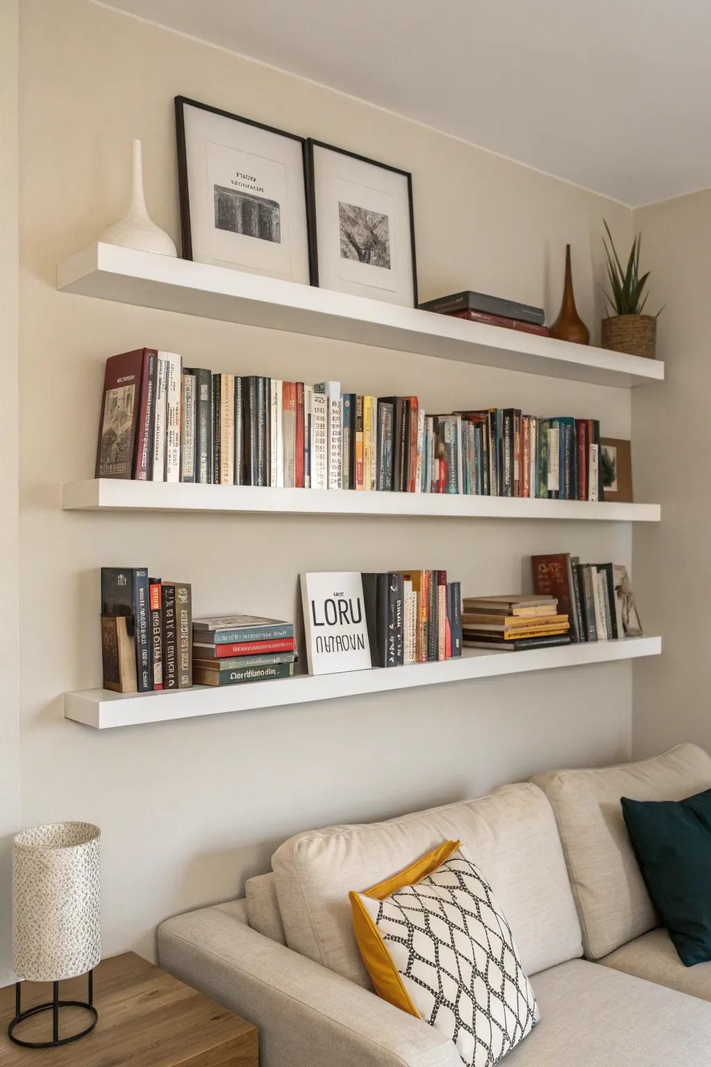 Wall-mounted shelves introduce style and practicality to your book presentation.