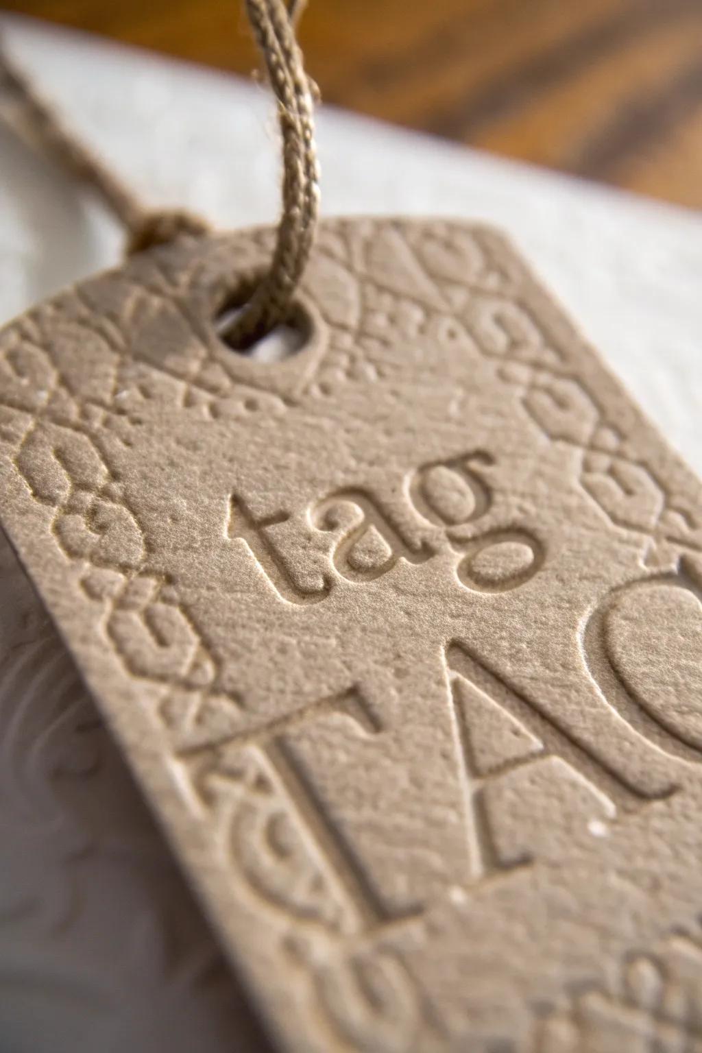 A textured hang tag with embossed details that invites you to touch and feel.