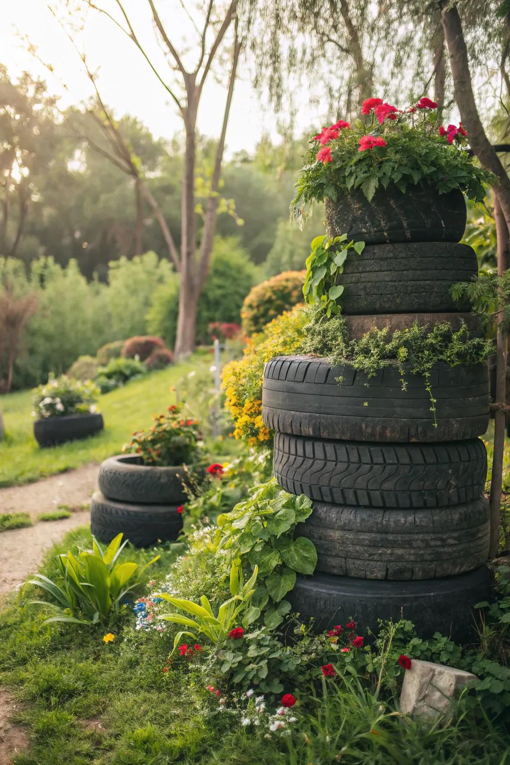 Tiered tire setup featuring cascading foliage.
