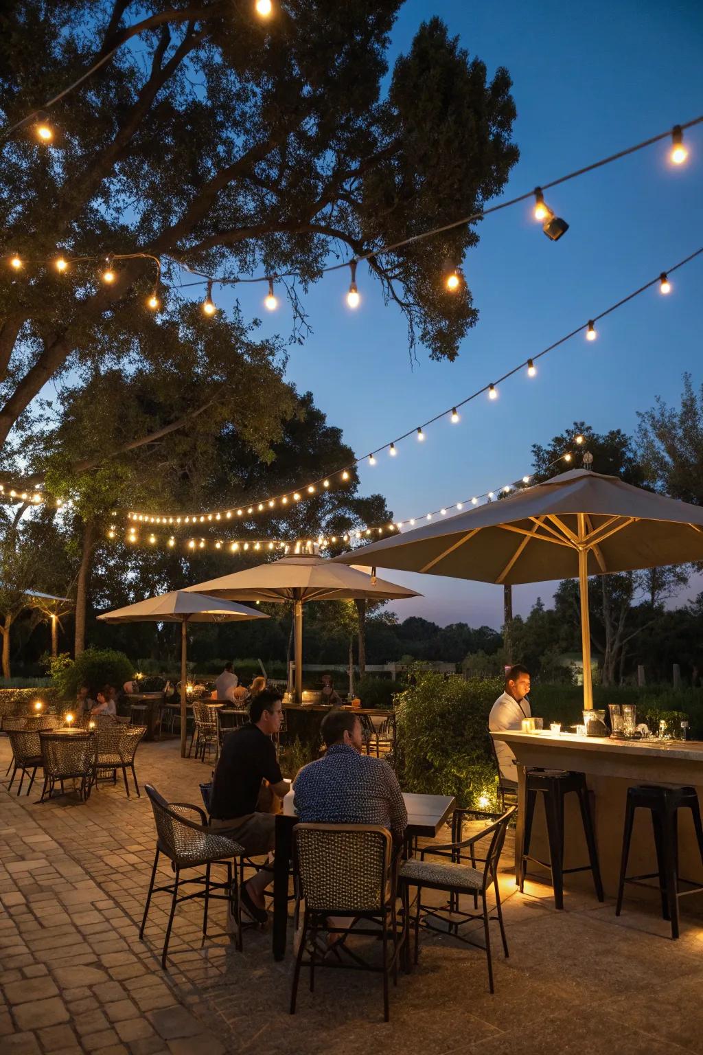 Radiant lights introduce a bewitching element to this outdoor bar.