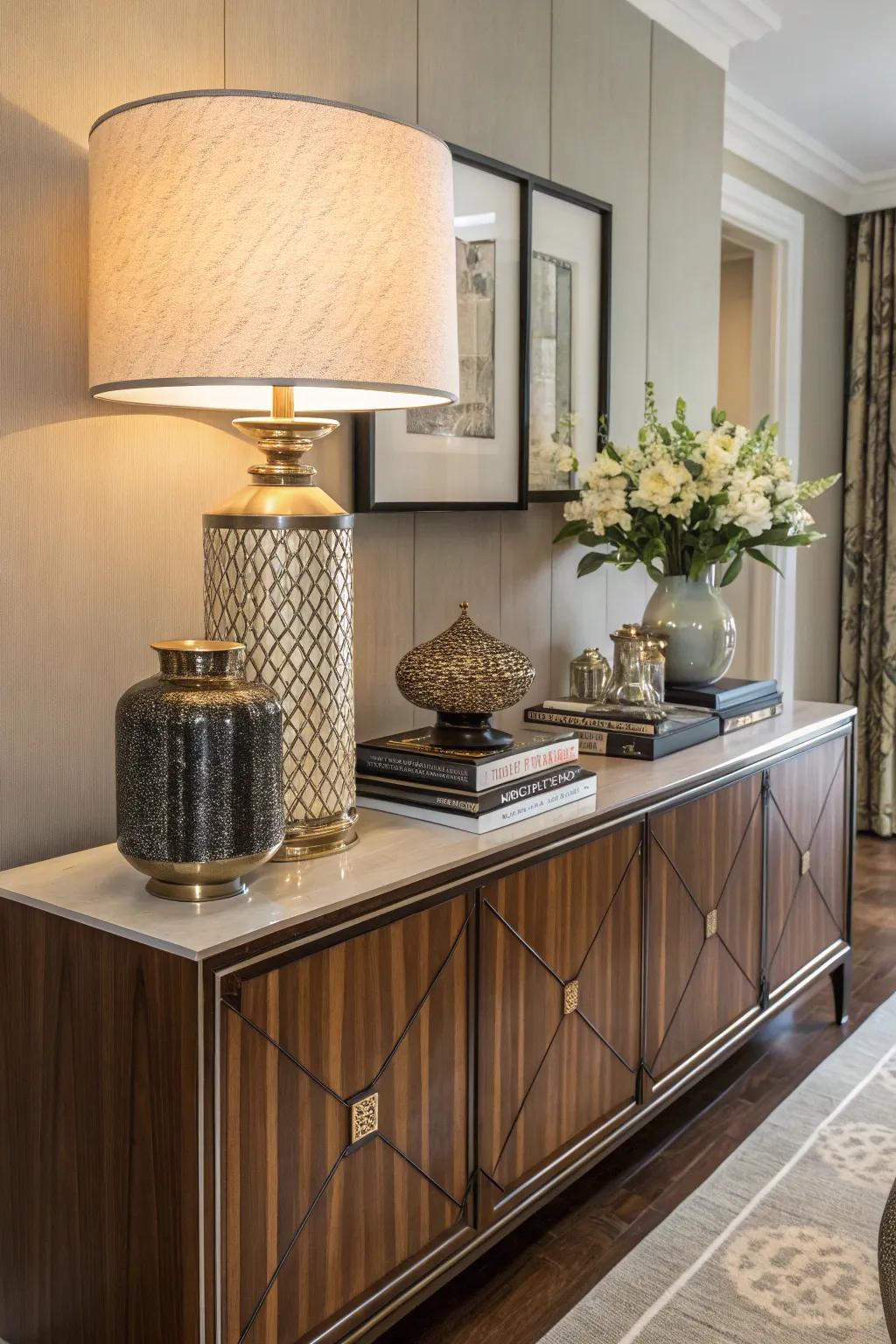 A sideboard enhanced with a chic tabletop light.