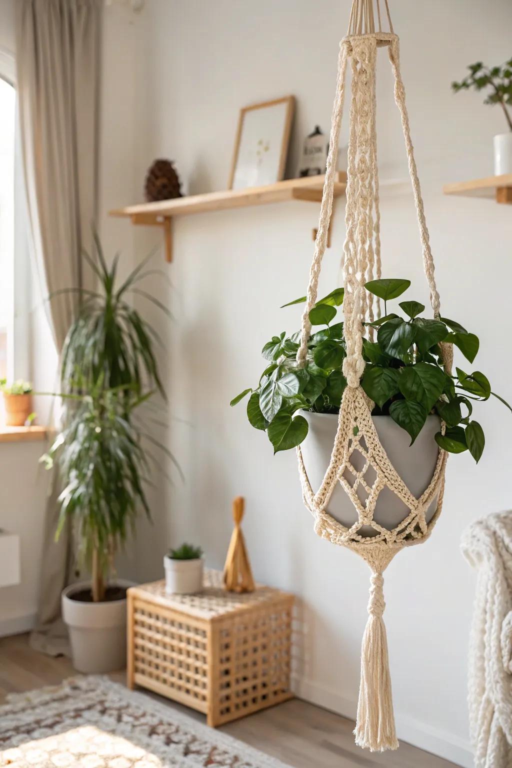 Accentuate your greenery with chic crochet plant holders for a hint of Boho sophistication.