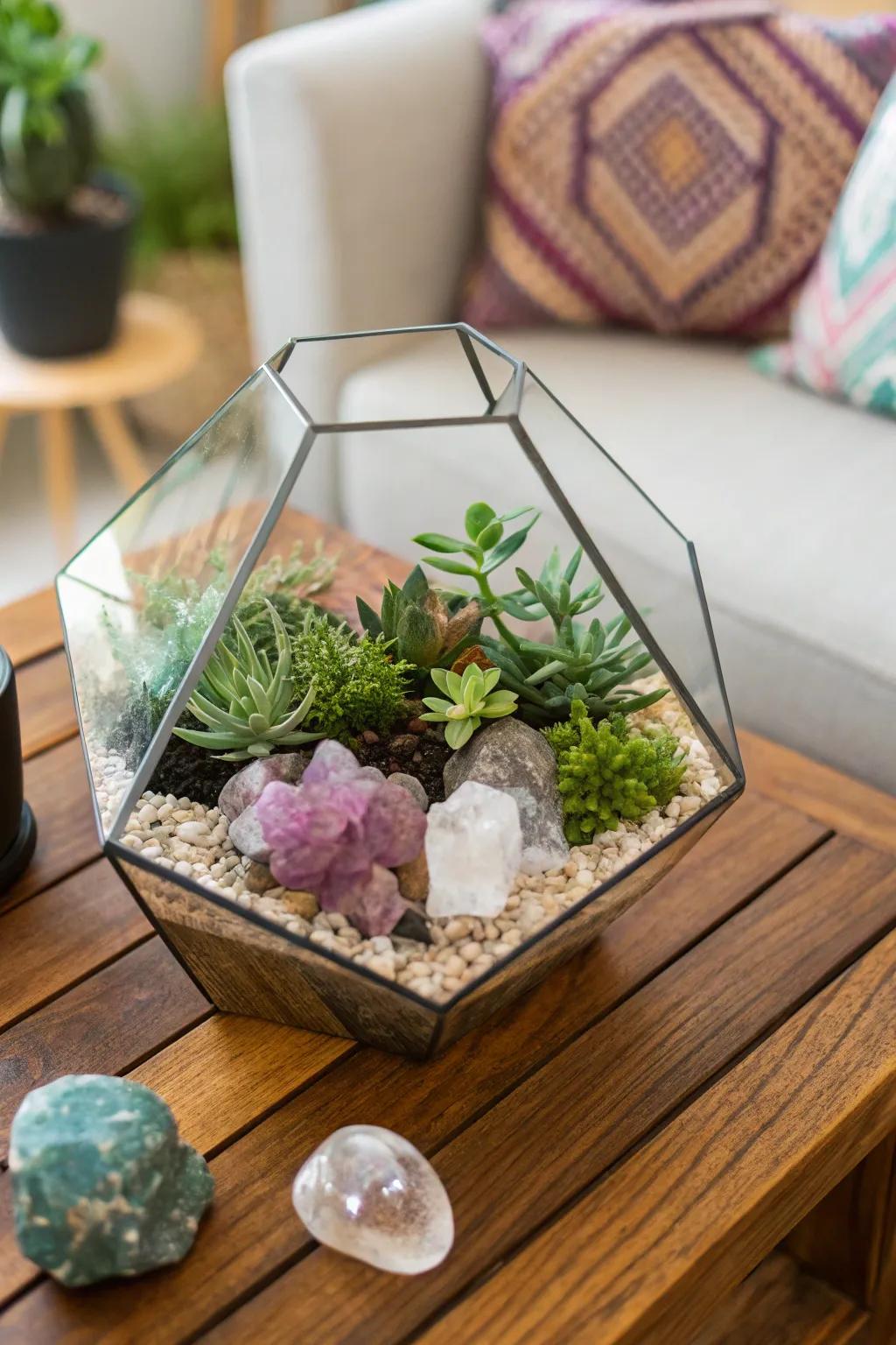 An indoor garden featuring crystals and plants for a natural feel.