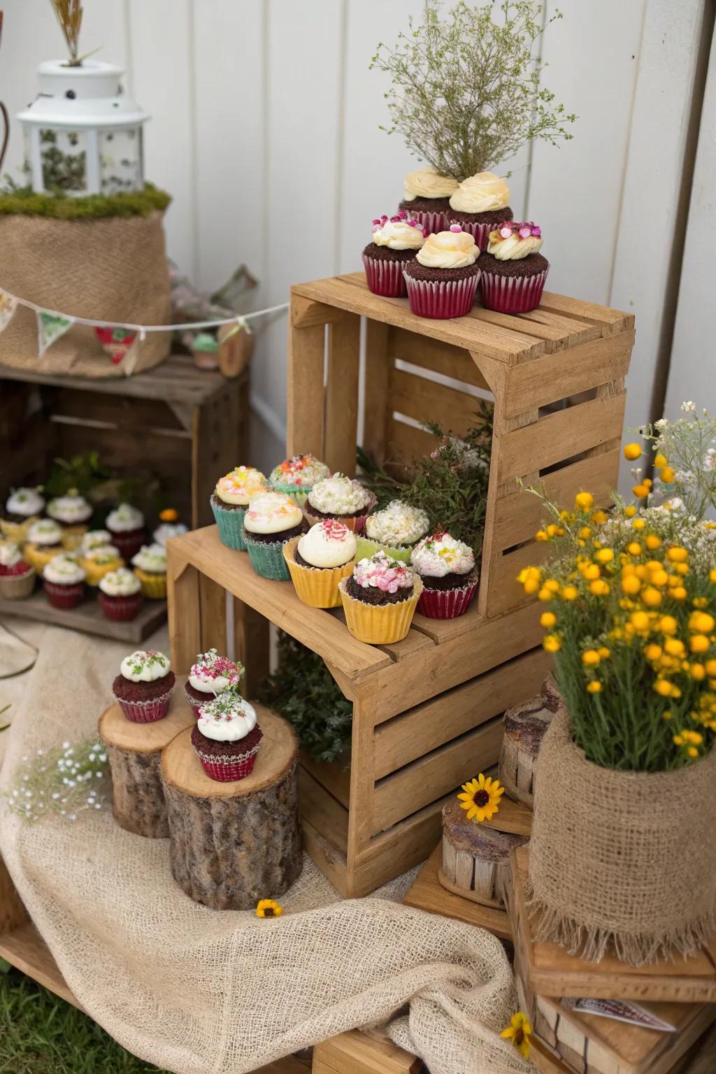 Country charm with cupcakes showcased on wooden boxes.