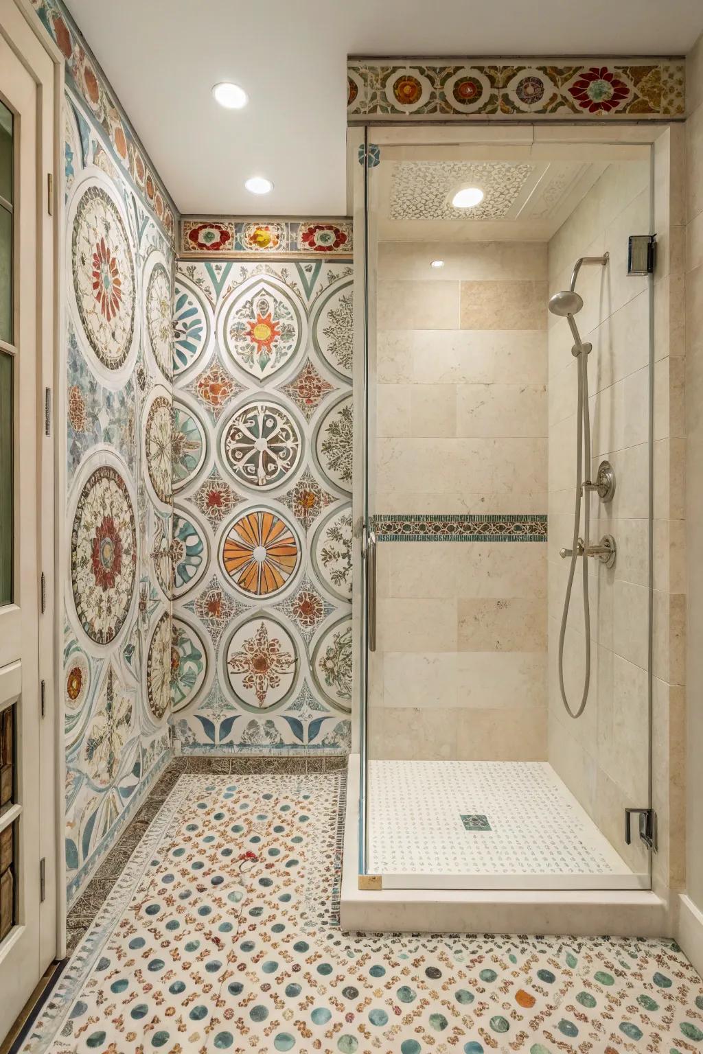 A tiny tile design gives character and elegance to this shower without a curb.