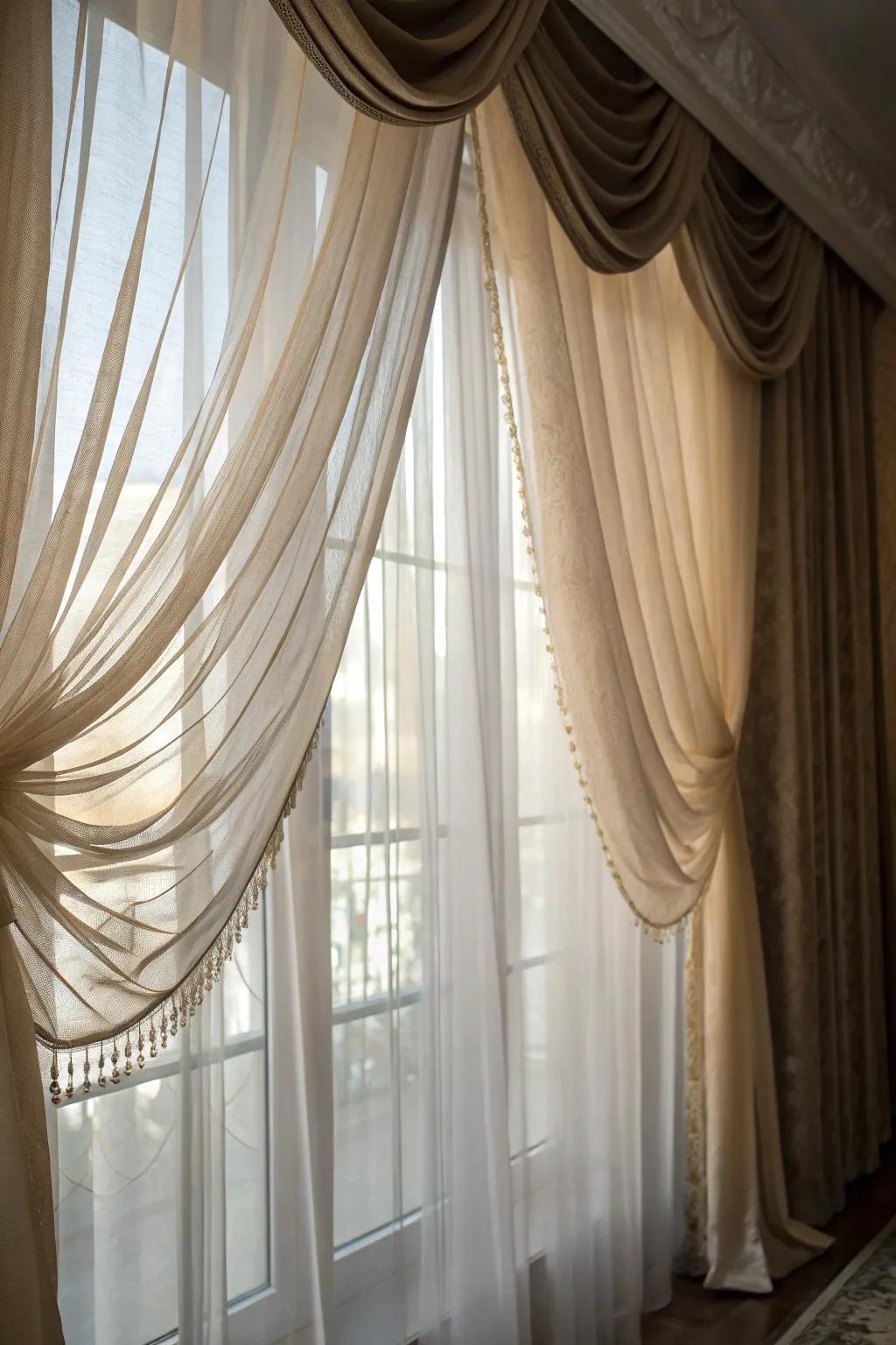 Layered drapes offer design and adaptability.
