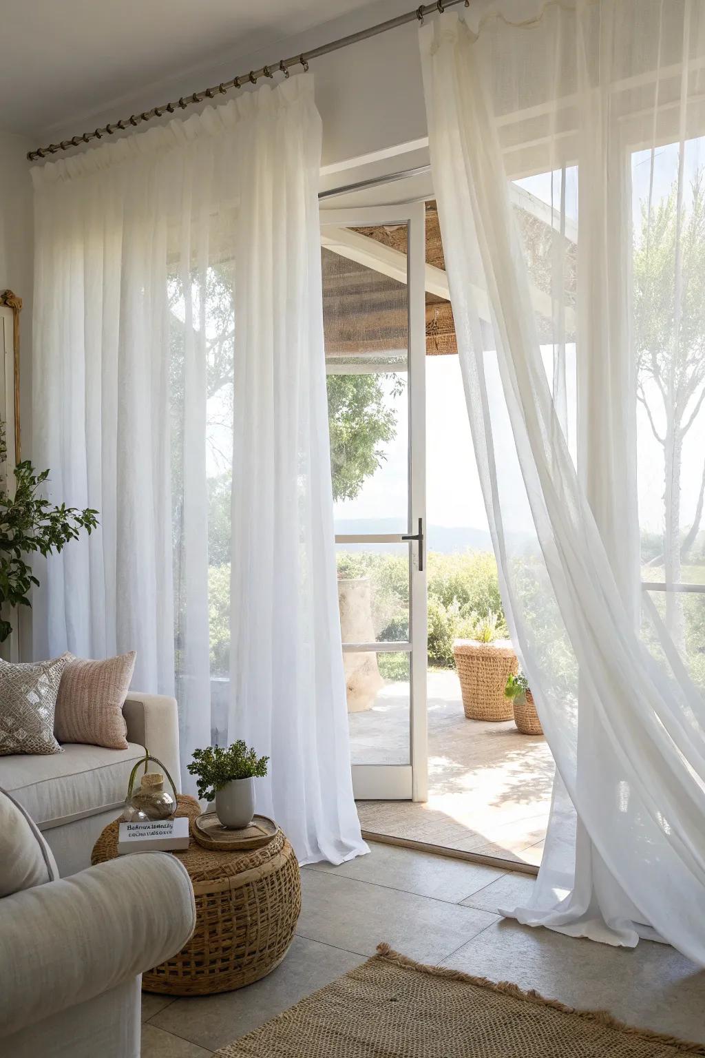 Transparent window coverings fashion a breezy and light-filled living room.