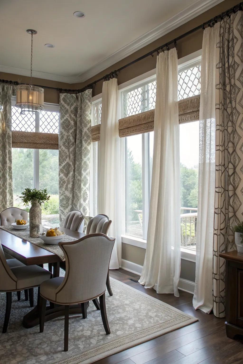 Layered curtains offer dimension and practicality to spaces featuring multiple windows.