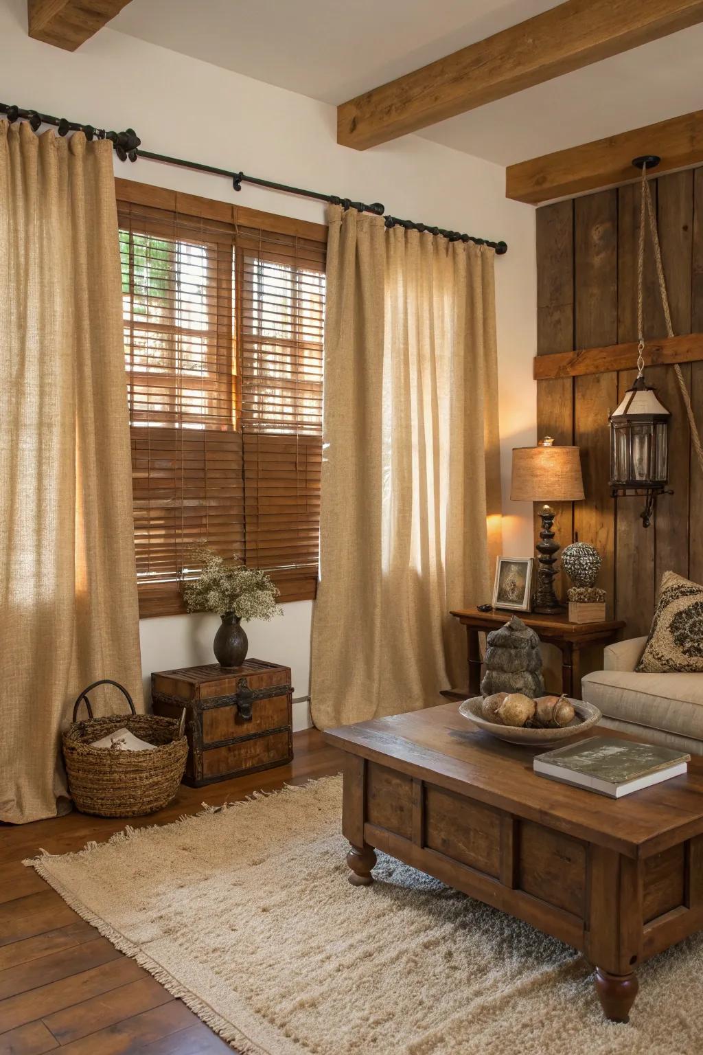 Linen and wood combine to create a cozy, rustic window decor.