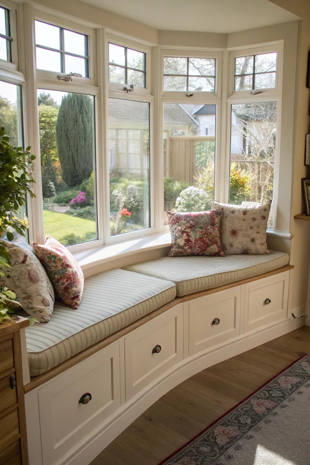 Practical custom seating with storage in an arched bay window.