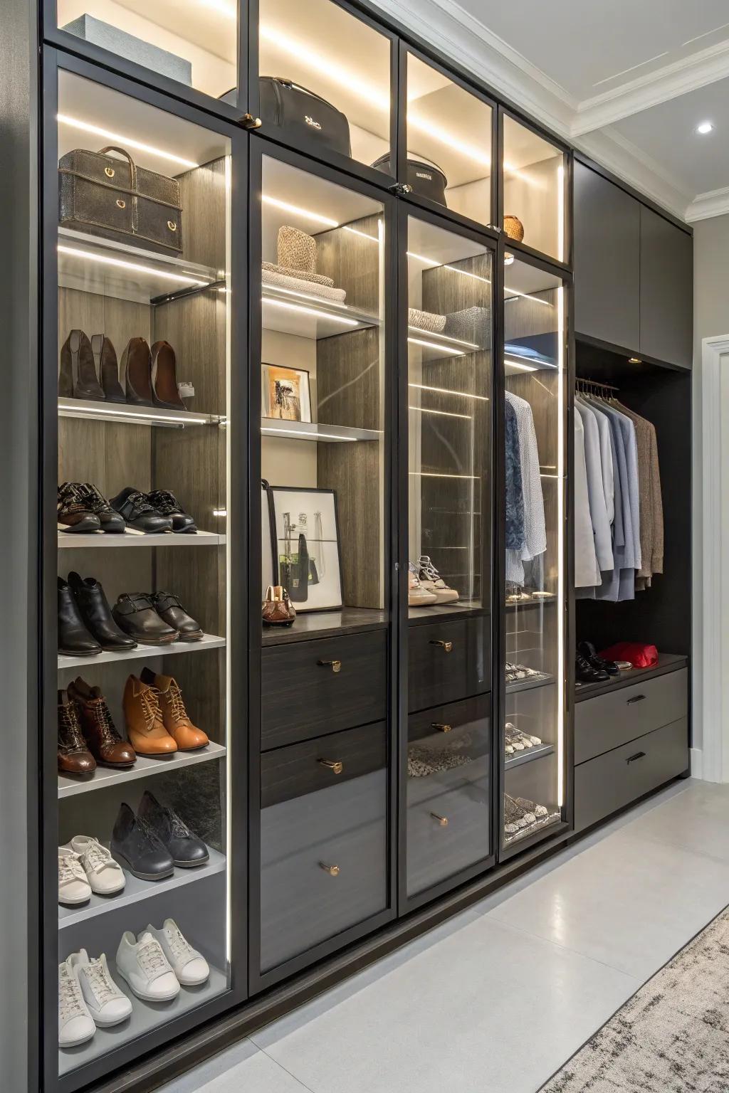Transform your closet into a showcase using clear-panel storage units.