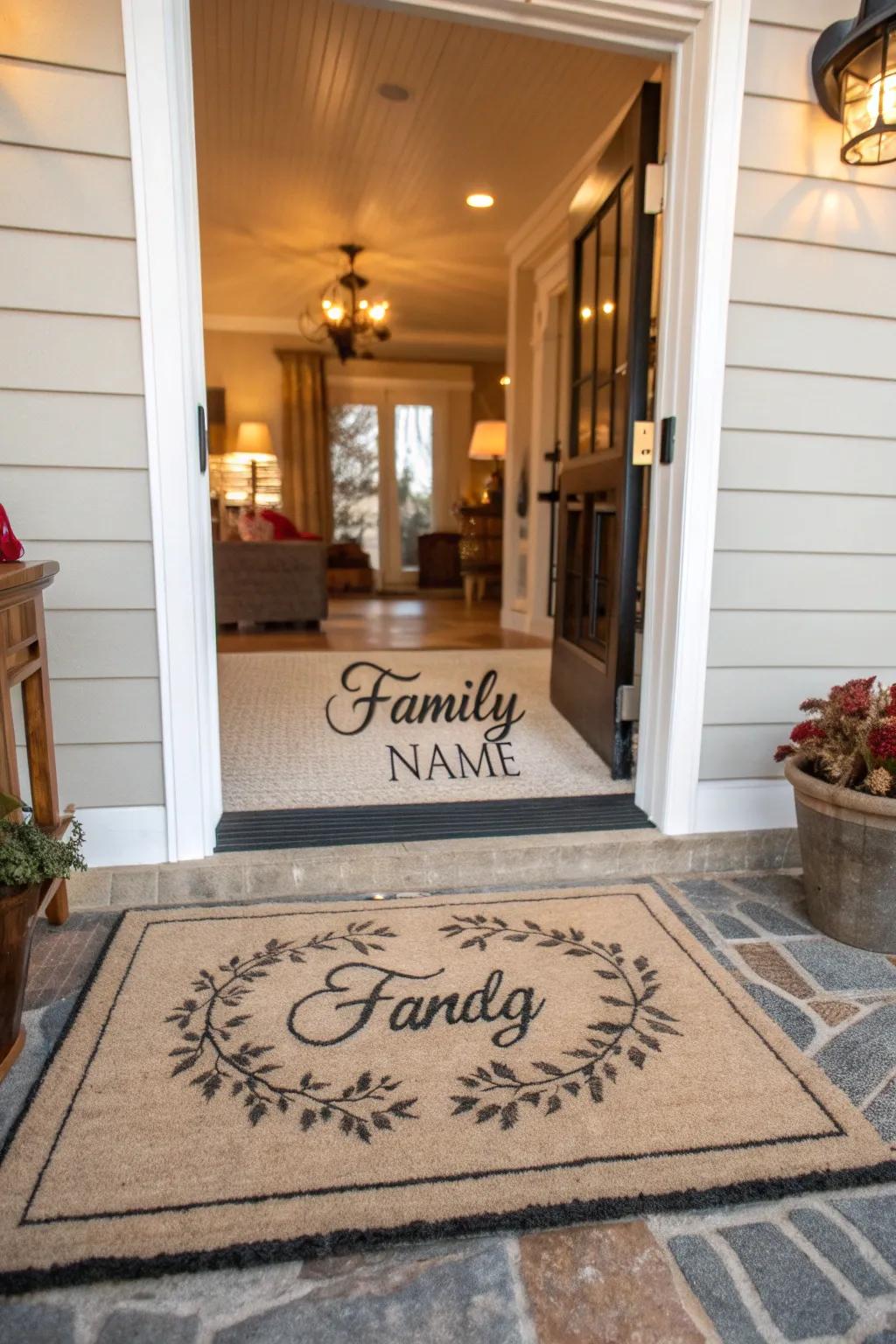 A custom name rug creates a warm, personal greeting in any entryway.