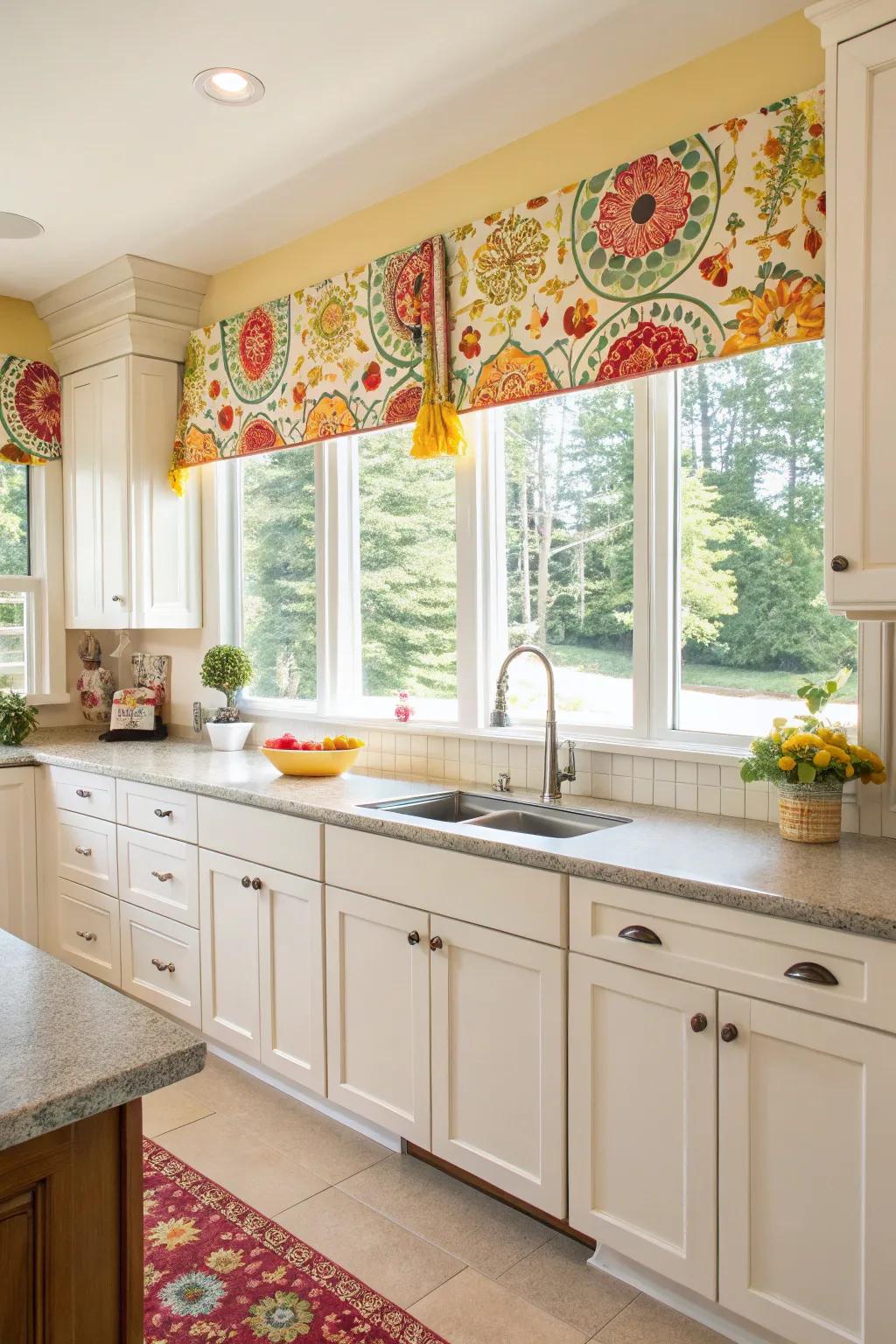 Invigorate your cooking area with lively fasten and pocket window toppers.